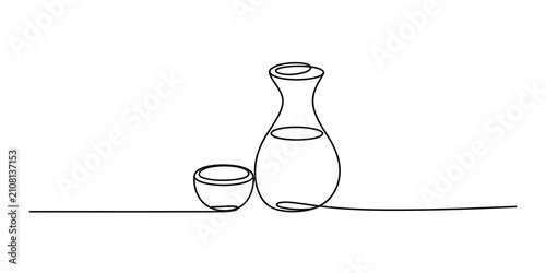Obraz na płótnie Continuous single line drawing of a japanese sake bottle and small cup for drink
