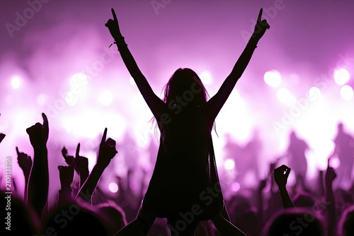 Silhouette of a person with arms raised at a vibrant concert.