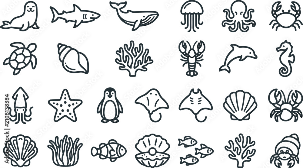 Obraz premium Sea life and ocean animal line icon set featuring shark whale octopus turtle crab jellyfish and coral vector illustration