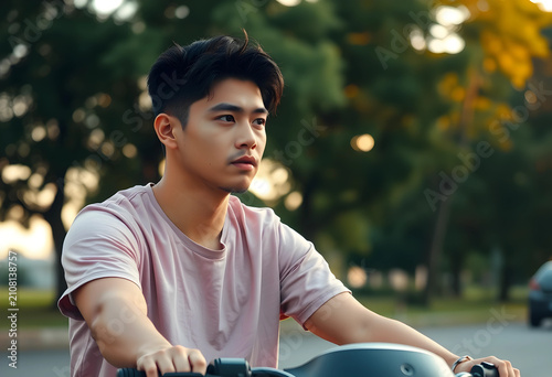 Young asian man riding a sc...