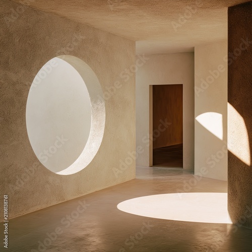 Minimalist Interior Design with Circular Window and Natural Light.