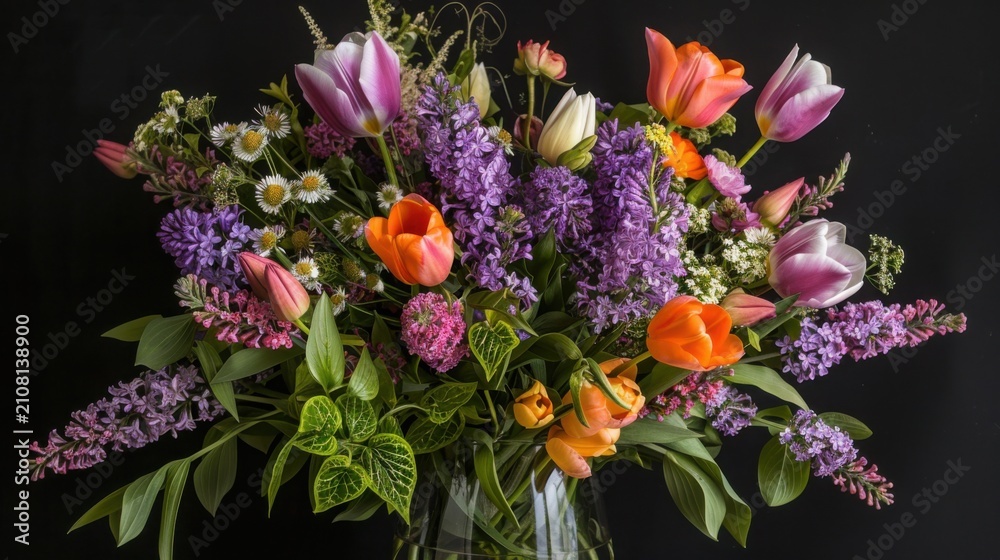 Fototapeta premium Vibrant spring flower bouquet in close-up display. Colorful tulips and lilacs arranged for fresh floral decor.