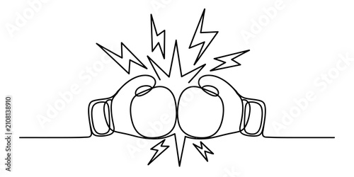 Foto Continuous single line drawing of two boxing gloves hitting each other with ligh