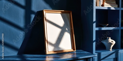 Empty Picture Frame on a Blue Shelf with Sunlight Shadows.