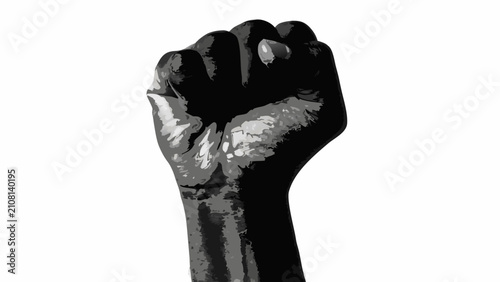 A raised fist depicted in a grayscale photograph with a white background showcasing strength and determination abstract