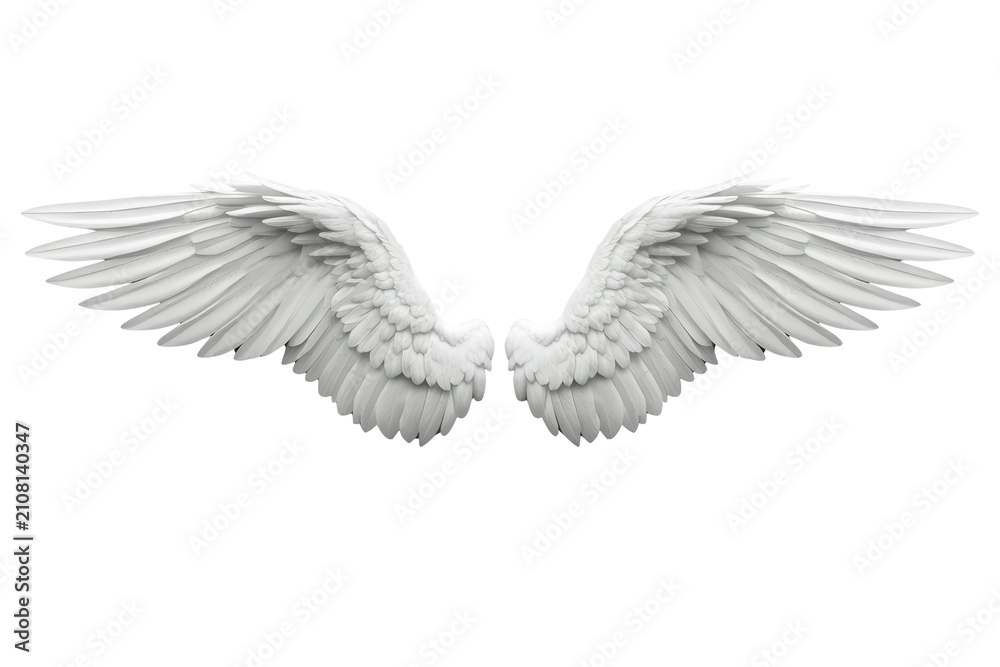 Obraz premium Pair of white angel wings flying on a transparent background, symbolizing freedom, purity, and heaven
