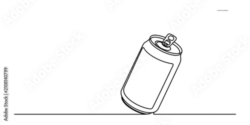 Continuous single line drawing of an aluminum soda drink can showing the container design in a simple minimalist black and white vector art style Vector, illustration