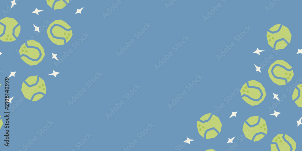 Fototapeta premium Horizontal presentation banner backdrop template with hand drawn cute tennis balls corner design 