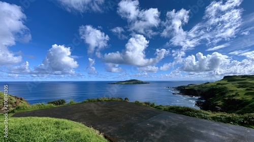Panoramic View of a Lush Green Coastline Meeting the Azure Ocean Under a Cloudy Sky.