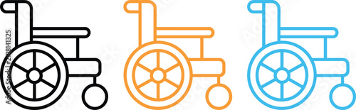 Three stylized icons of a wheelchair in different colors mobility accessibility