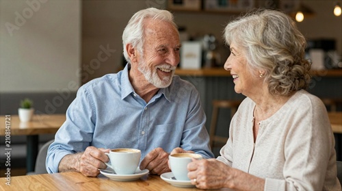 Senior couple shares coffee and smiles in a cafe during the morning hours
