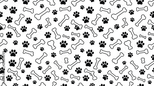 Black and white seamless pattern with dog paw prints and bone outlines for pet backgrounds