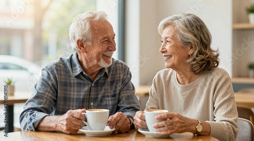 Couple enjoys coffee together in a cafe on a sunny afternoon in the city