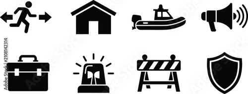 Obraz na płótnie Emergency evacuation and rescue safety icon set featuring evacuation route shelt