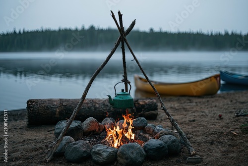 Campfire Cooking Kettle by Serene Lake at Dusk.