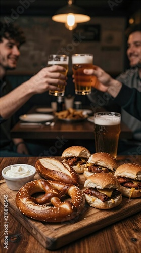 Friends enjoy food and drinks at a bar with pretzels and burgers in the evening