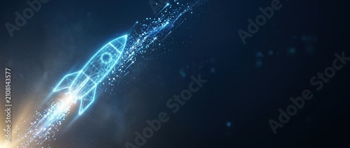 Digital Rocket Launching into Space with Glowing Particles and Light Trails.
