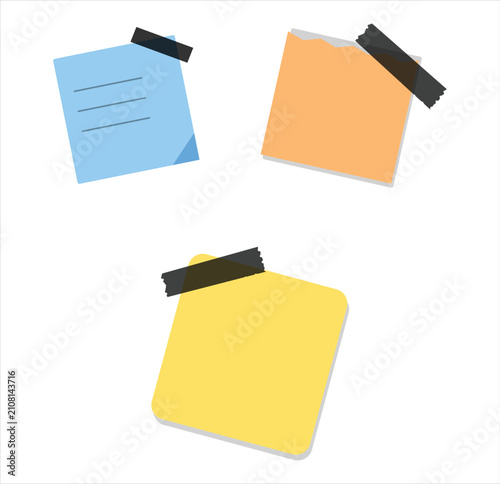 Three colorful sticky notes with black tape, representing reminders, ideas, or important information, isolated on a white background, perfect for graphic design and organizational needs
