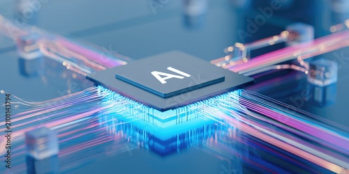 Advanced AI Processor with Glowing Circuits and Data Streams.