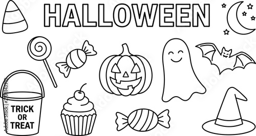 Halloween Coloring Page with Pumpkin Ghost Bat Candy Witch Hat and Trick or Treat Icons