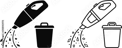 Handheld vacuum cleaner emptying dirt into trash can vector icon set in solid silhouette and outline