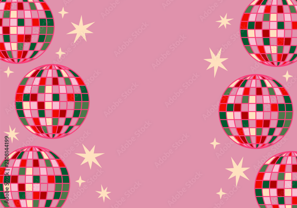 Obraz premium Cute holiday design with mirror shiny disco balls and stars. Disco ball. Fun. Disco ball party illustration