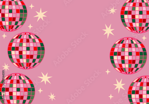 Cute holiday design with mirror shiny disco balls and stars. Disco ball. Fun. Disco ball party illustration