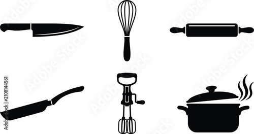 Cuadro en lienzo Kitchen utensils and cooking tool black silhouette icons vector collection featu