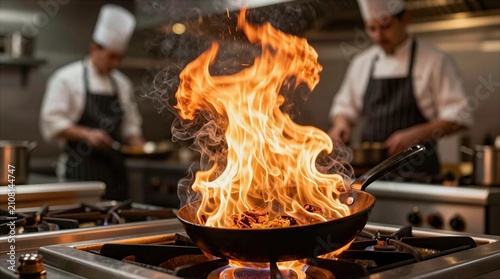 Chefs cook in a restaurant kitchen with flames rising from a pan during a busy dinner service