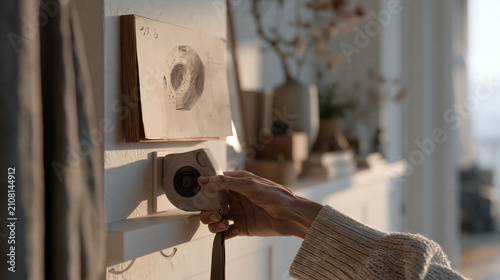 A dog walker's hand holds a single retractable leash looped around a hook beside a modest hallway shelf displaying a hand-drawn orbital habitat diagram, the lone object implying a