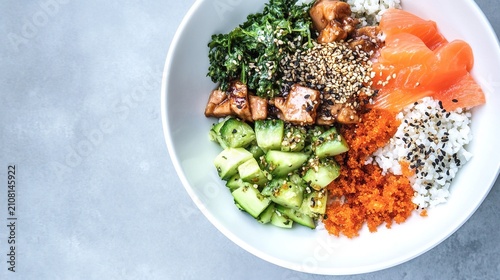 artistically. Balanced meal composition with colorful vegetables and proteins arranged artistically on white plate. menu design.