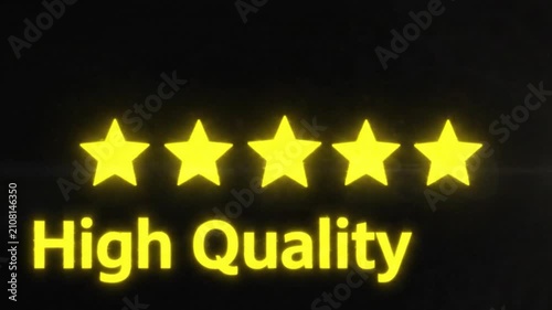 Glowing golden five-star rating animation with shining light effects and high quality text