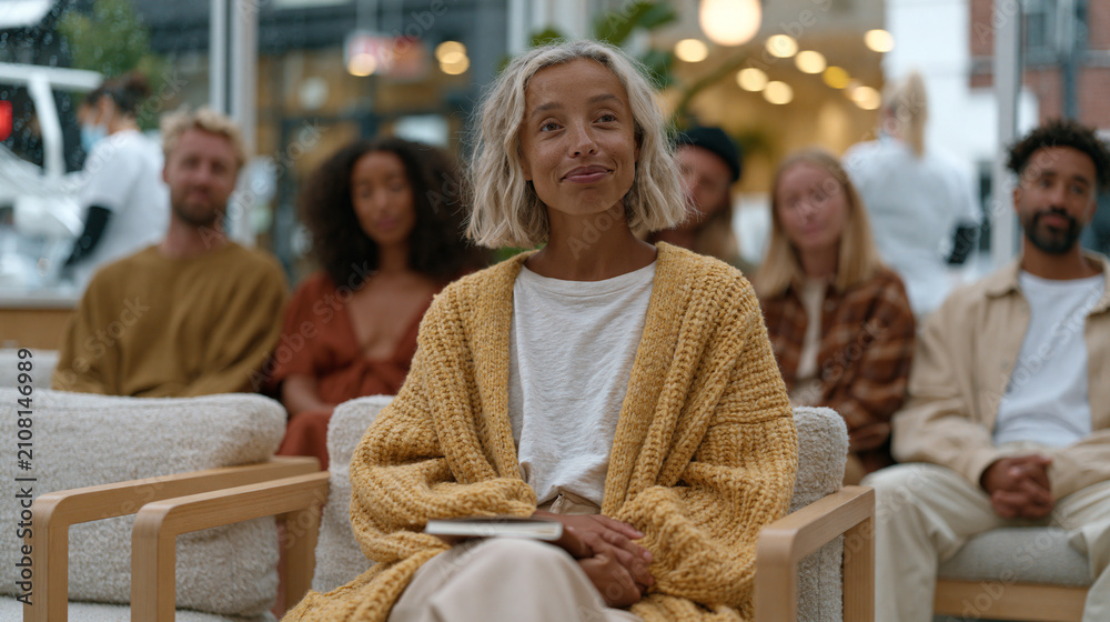 Fototapeta premium Dentists and hygienists in rain-streaked clinic windows work through a busy urban shift while a multicultural group of patients waits together in the lobby, one woman clutching a