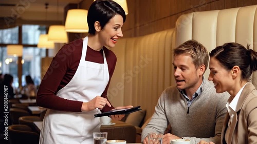 Elegant couple entering a luxury fine dining restaurant and enjoying gourmet seafood scallops with wine