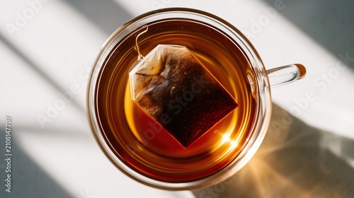 diffusion. A clear glass cup with a steeping tea bag, dark tea diffusing into clear water. bar promotions, beverage menus, designed for food & beverage menus and cafe branding.