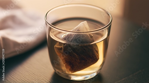 diffusion. A clear glass cup with a steeping tea bag, dark tea diffusing into clear water. bar promotions, beverage menus, designed for food & beverage menus and cafe branding.