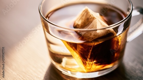diffusion. A clear glass cup with a steeping tea bag, dark tea diffusing into clear water. bar promotions, beverage menus, designed for food & beverage menus and cafe branding.