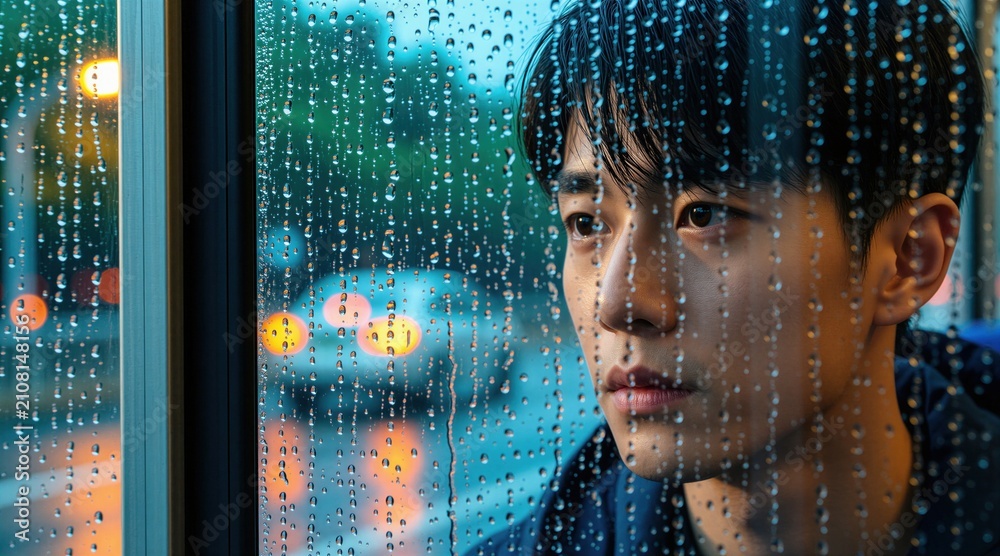 Obraz premium Young Asian man looks through window glass with rain drops. Person sits indoors near wet pane during storm. Guy sad facial expression, feels lonely. Moody street lights glow in blurred background
