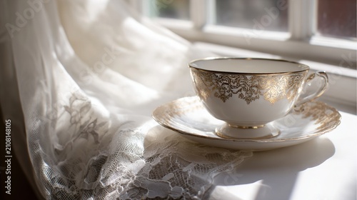filigree. White porcelain teacup with gold filigree on lace cloth by a sunlit window. menu design, packaging mockups, designed for food delivery and cloud-kitchen brand materials.
