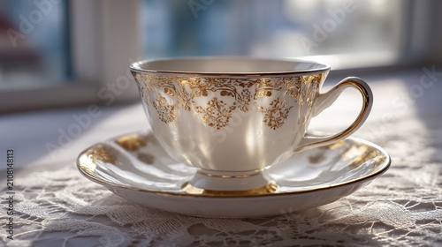 filigree. White porcelain teacup with gold filigree on lace cloth by a sunlit window. menu design, packaging mockups, designed for food delivery and cloud-kitchen brand materials.
