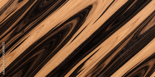 Photos A mesmerizing close-up of exotic wood grain, featuring a striking contrast of deep ebony stripes interwoven with warm, rich tan hues, creating a dynamic, abstract pattern