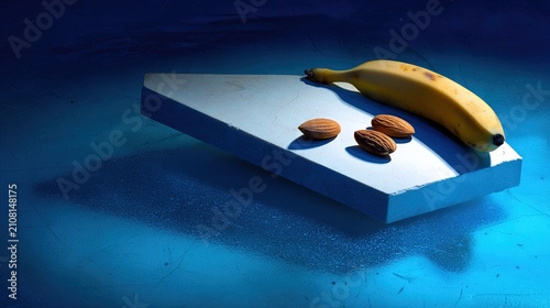 nightstand. A few almonds and a banana on a nightstand in cool blue moonlight. menu design, packaging mockups, designed for culinary blogs and recipe cards for restaurants, used by sports marketers.