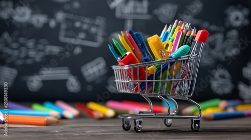 Colorful Shopping Cart Filled with Colored Pencils and School Supplies for Education Art Creativity Office and Back to School Concept