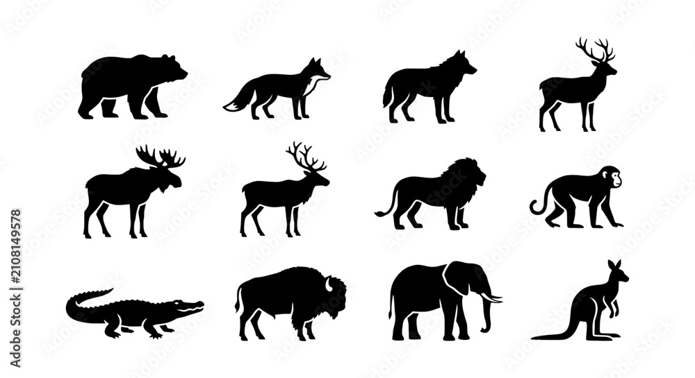 Obraz premium Wildlife Animal Silhouettes Collection, Diverse Fauna Vector Icons, Mammal and Reptile Graphics