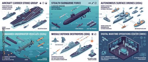 Isometric Military Naval Forces Infographic Set with Aircraft Carrier Submarine Destroyers.