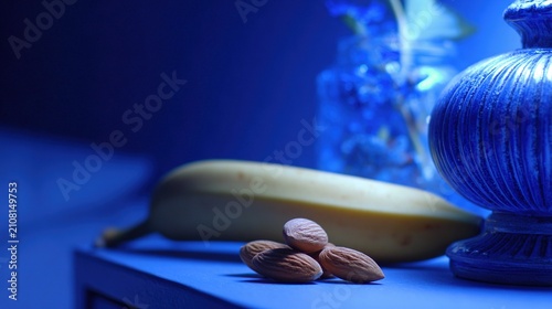 nightstand. A few almonds and a banana on a nightstand in cool blue moonlight. menu design, packaging mockups, designed for culinary blogs and recipe cards for restaurants, used by sports marketers.