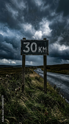 Dramatic Stormy Sky Over Rural Road Sign 30km Distance