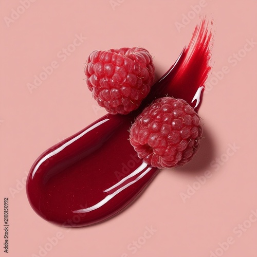 a luxury still life, overhead flat lay, exactly two fresh raspberries, one resting on the thick rounded beginning of a single glossy raspberry coulis swipe and one touching the tapered end