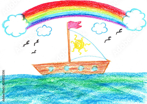 Sailing sailboat on the waves in the sea. Pencil art in childish style