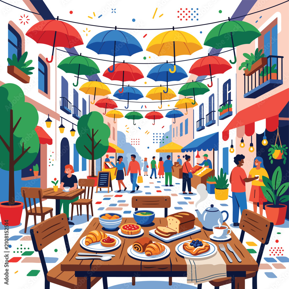 Fototapeta premium Vibrant outdoor cafe scene with diverse patrons dining al fresco.